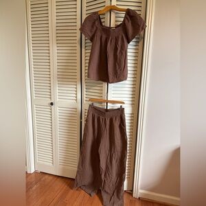 Brown Cotton Blend Matching Set - Casual Elastic Waist